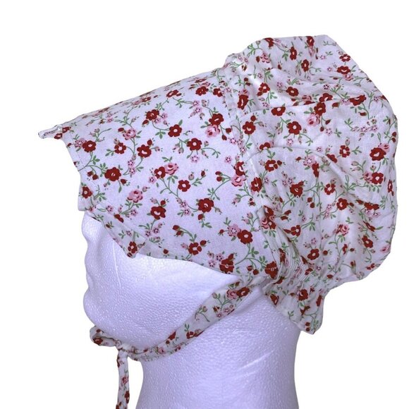 Pioneer Bonnet Old Fashioned Prairie White Red Floral Modest Farmhouse Medium - Picture 9 of 12